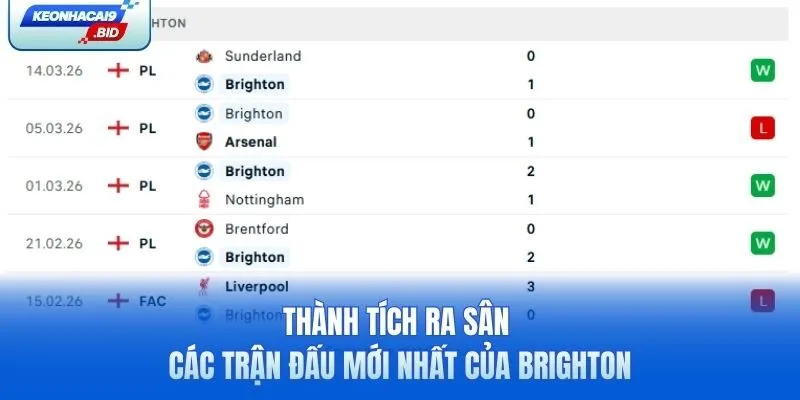 Thành tích ra sân các trận đấu mới nhất của Brighton